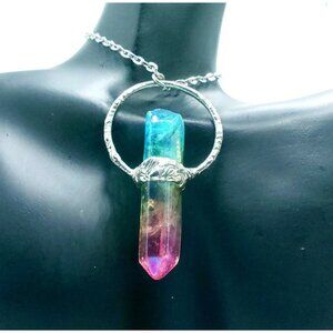 Rainbow aura quartz crystal necklace handmade